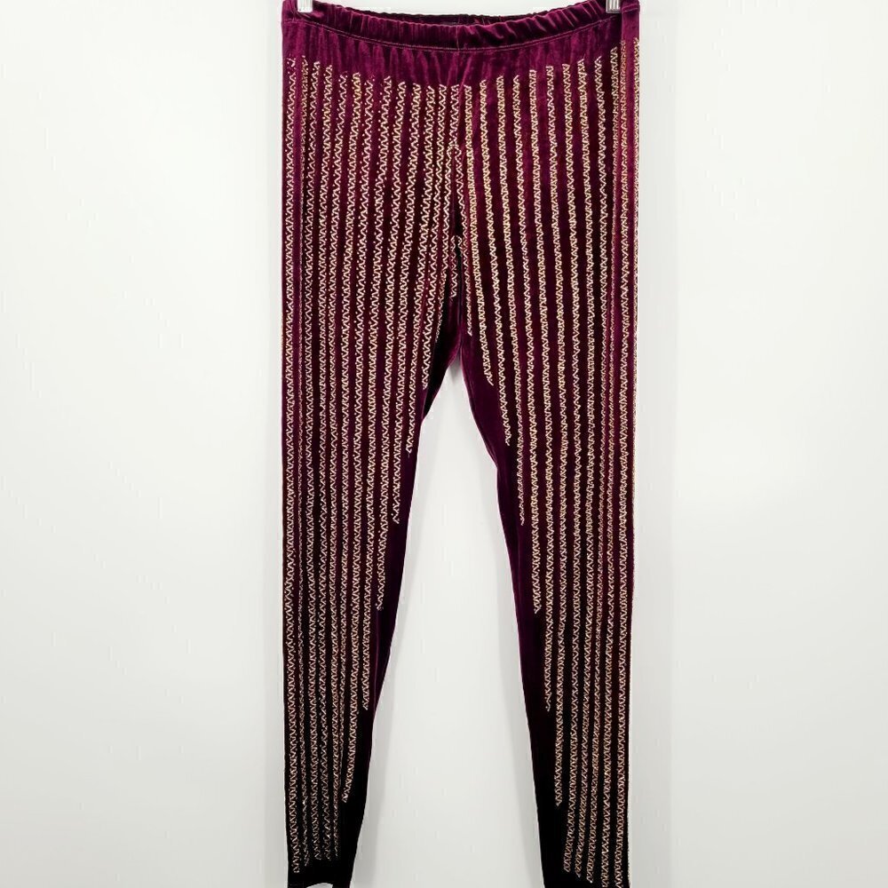 Virgo’s Lounge Burgundy Velvet Gold Beaded Leggings